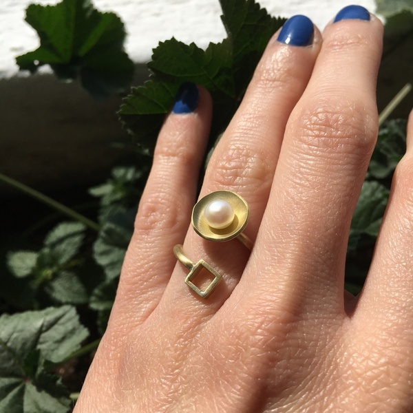 Δαχτυλίδι ορειχάλκινο με μαργαριτάρι και τετράγωνο μοτίβο - ιδιαίτερο, μοντέρνο, μαργαριτάρι, δαχτυλίδι - 5