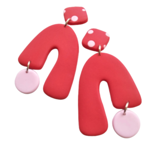 Lily/ Μακριά σκουλαρίκια από πηλό σε πουά κόκκινο- ροζ - πηλός, μακριά, κρεμαστά, μεγάλα - 3