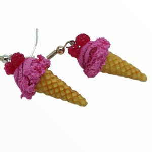 Σκουλαρίκια παγωτό βατόμουρο χωνάκι (raspberries ice cream earrings),χειροποίητα κοσμήματα απομίμησης φαγητού απο πολυμερικό πηλό Mimitopia - γυναικεία, πηλός, χειροποίητα, παγωτό, φαγητό - 3