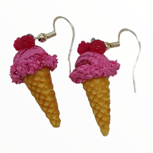 Σκουλαρίκια παγωτό βατόμουρο χωνάκι (raspberries ice cream earrings),χειροποίητα κοσμήματα απομίμησης φαγητού απο πολυμερικό πηλό Mimitopia - γυναικεία, πηλός, χειροποίητα, παγωτό, φαγητό - 4