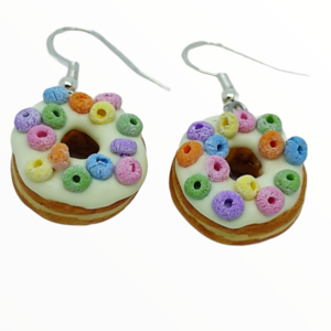 Σκουλαρίκια λουκουμάδες donuts με δημητριακά (donuts earrings),κοσμήματα απομίμησης φαγητού, χειροποίητα κοσμήματα πολυμερικού πηλού από τη Mimitopia - καρδιά, πηλός, γλυκά - 2