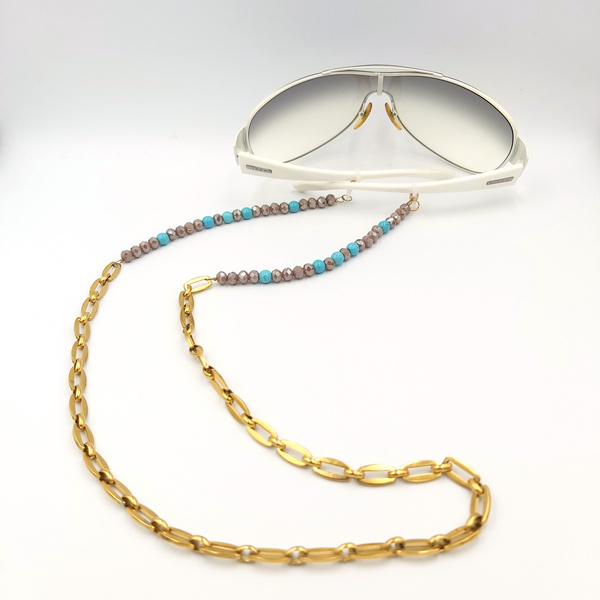 Αλυσίδα χρύση από ατσάλι, χαολίτη, και λαμπερά κρύσταλλα για γυαλιά. - ημιπολύτιμες πέτρες, αλυσίδες, κρύσταλλα, ατσάλι, κοσμήματα - 2