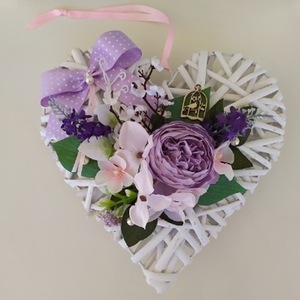 Ξύλινη καρδιά με μοβ λουλούδια - καρδιά, στεφάνια, λουλούδια, δώρα για δασκάλες - 2