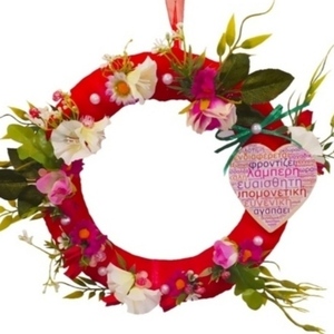 Στεφανάκι 25cm χειροποίητο με τούλι και λουλούδια την γιορτή της μητέρας - καρδιά, μαμά, διακοσμητικά, γιορτή της μητέρας