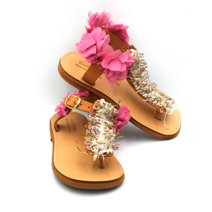 Κοριτσίστικα χειροποιητά σανδάλια με μωβ λουλούδια και πολύχρωμη κορδέλα. - κορίτσι, σανδάλι, σανδάλια, boho - 3