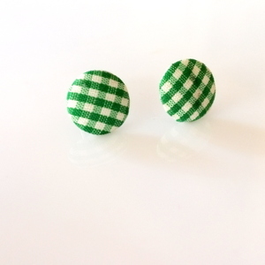 Υφασμάτινα Σκουλαρίκια Κουμπιά Πράσινο Ριγέ - ύφασμα, καρφωτά, μικρά, faux bijoux, φθηνά