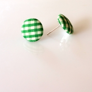 Υφασμάτινα Σκουλαρίκια Κουμπιά Πράσινο Ριγέ - ύφασμα, καρφωτά, μικρά, faux bijoux, φθηνά - 3