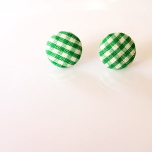 Υφασμάτινα Σκουλαρίκια Κουμπιά Πράσινο Ριγέ - ύφασμα, καρφωτά, μικρά, faux bijoux, φθηνά - 4
