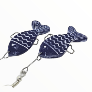 Σκουλαρίκια ψαράκια με μεταλλικά στοιχεία σχέδιο 2, Χειροποίητα κοσμήματα από πολυμερικό πηλό mimitopia - ψάρι, πηλός, κρεμαστά - 4