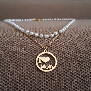 Σετ Κολιέ Ροζάριο Πέρλας & Ατσάλινη Χρυσή Αλυσίδα "I Love Mom" - charms, μαμά, κοντά, ατσάλι, πέρλες - 4