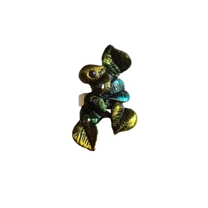 Χρωματισμένο μεταλλικό δαχτυλίδι "Πράσινα Φύλλα" - φύλλο, boho, μεγάλα, αυξομειούμενα, φθηνά