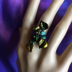 Χρωματισμένο μεταλλικό δαχτυλίδι "Πράσινα Φύλλα" - φύλλο, boho, μεγάλα, αυξομειούμενα, φθηνά - 3