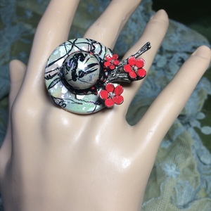 Χειροποίητο δαχτυλίδι με στρογγυλή σύνθεση από χάντρες και μεταλλικό κλαδάκι - εντυπωσιακά, boho, μεγάλα, αυξομειούμενα, φθηνά - 2