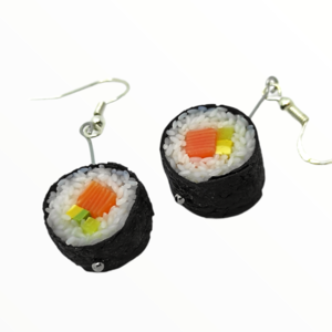 Χειροποίητα σκουλαρίκια Sushi Maki Rolls με σολομό και αβοκάντο ,Mimitopia - πηλός, ατσάλι, κρεμαστά