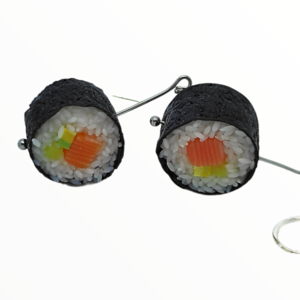 Χειροποίητα σκουλαρίκια Sushi Maki Rolls με σολομό και αβοκάντο ,Mimitopia - πηλός, ατσάλι, κρεμαστά - 4