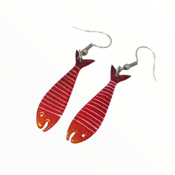 Σκουλαρίκια κόκκινα ψαράκια βαμμένα με Σμάλτο , χειροποίητα κοσμήματα σμάλτου mimitopia - σμάλτος, ψάρι, ατσάλι, boho, κρεμαστά - 2