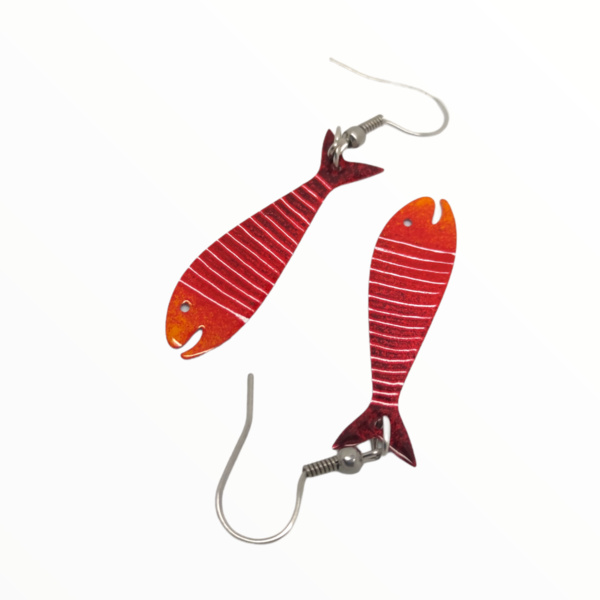 Σκουλαρίκια κόκκινα ψαράκια βαμμένα με Σμάλτο , χειροποίητα κοσμήματα σμάλτου mimitopia - σμάλτος, ψάρι, ατσάλι, boho, κρεμαστά - 4