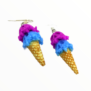 Σκουλαρίκια παγωτό χωνάκι με νέον χρώματα μώβ-μπλέ (ice cream cone earrings),χειροποίητα κοσμήματα απομίμησης φαγητού απο πολυμερικό πηλό Mimitopia - πηλός, χειροποίητα, παγωτό, φαγητό - 3