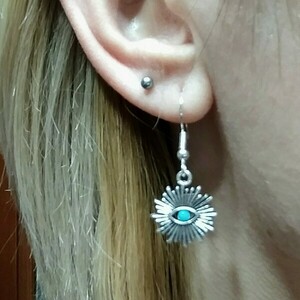 Antique Silver Eye Sun •|• earrings - μάτι, μικρά, ατσάλι, boho, κρεμαστά - 2