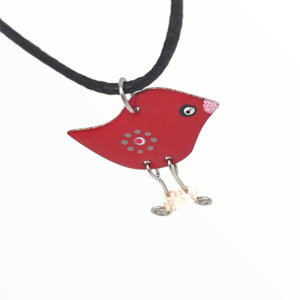 Χειροποίητο Κολιέ κόκκινο πουλάκι με μεταλλικά ποδαράκια βαμμένο με Σμάλτο, χειροποίητα κοσμήματα σμάλτου απο τη mimitopia - δέρμα, γυαλί, σμάλτος, boho, πουλάκι - 2