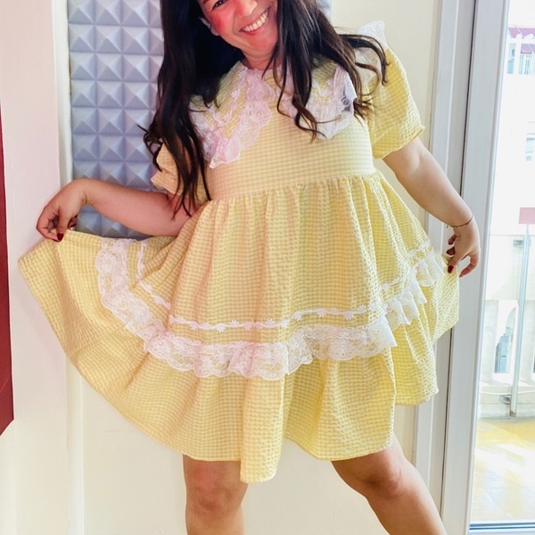 mini ρομαντικό φόρεμα "Laura" - βαμβάκι, δαντέλα, mini, καρό - 3