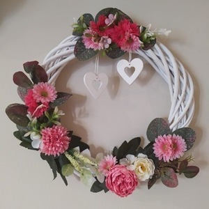 Ξύλινο λευκό στεφάνι με λουλούδια και καρδιές - καρδιά, στεφάνια, λουλούδια, διακοσμητικά - 2