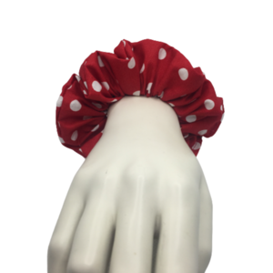 Υφασμάtινο λαστιχάκι scrunchie κόκκινο πουά - ύφασμα, πουά, μαλλιά, λαστιχάκια μαλλιών