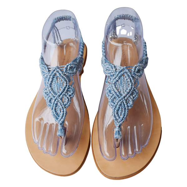Σανδάλια γυναικεία Μακραμέ γαλάζια cerulean με δερμάτινο πάτο - boho, φλατ, ankle strap, διχαλωτά - 3