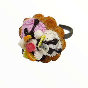 Χειροποίητο Δαχτυλίδι βάφλα με παγωτό mix και φρούτα,κοσμήματα απομίμησης γλυκών, χειροποίητα κοσμήματα μινιατούρες πολυμερικού πηλού Mimitopia - πηλός, boho, γλυκά, παγωτό, αυξομειούμενα