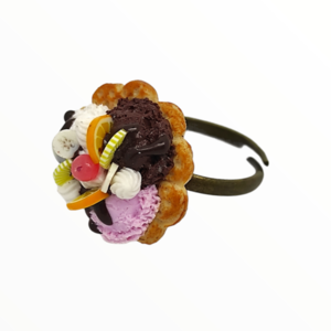 Χειροποίητο Δαχτυλίδι βάφλα με παγωτό mix και φρούτα,κοσμήματα απομίμησης γλυκών, χειροποίητα κοσμήματα μινιατούρες πολυμερικού πηλού Mimitopia - πηλός, boho, γλυκά, παγωτό, αυξομειούμενα - 4