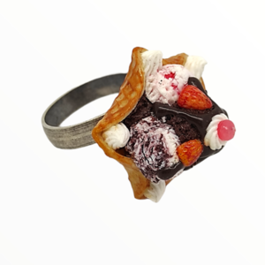 Χειροποίητο Δαχτυλίδι βάφλα με παγωτό και φρούτα,κοσμήματα απομίμησης γλυκών, χειροποίητα κοσμήματα μινιατούρες πολυμερικού πηλού Mimitopia - πηλός, boho, γλυκά, παγωτό, αυξομειούμενα - 2
