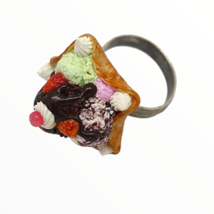Χειροποίητο Δαχτυλίδι βάφλα με παγωτό και φρούτα,κοσμήματα απομίμησης γλυκών, χειροποίητα κοσμήματα μινιατούρες πολυμερικού πηλού Mimitopia - πηλός, boho, γλυκά, παγωτό, αυξομειούμενα - 4