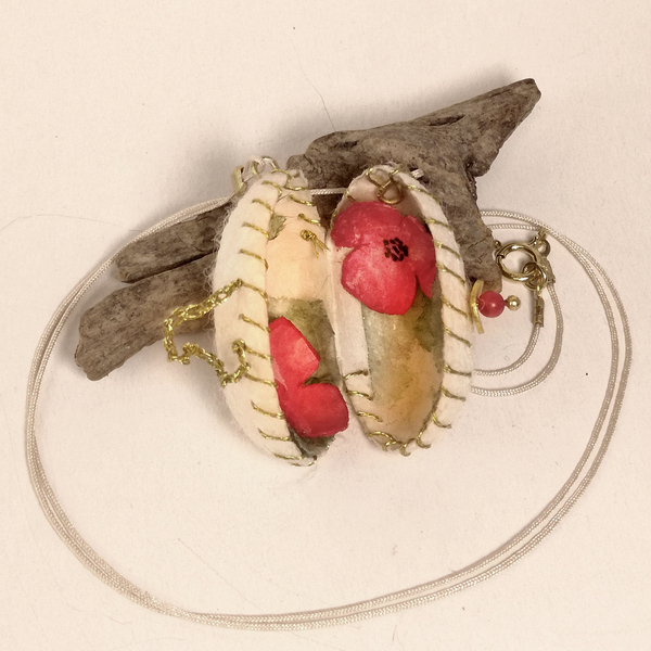 Κολιέ από κουκούλι και επίχρυσα στοιχεία με παπαρούνες 1 - ζωγραφισμένα στο χέρι, επιχρυσωμένα, κοντά, λουλούδι - 3