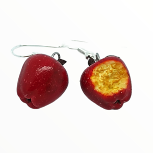 Σκουλαρίκια Kόκκινα μήλα το ένα δαγκομένο (Αpple earrings) ,χειροποίητα κοσμήματα φρούτων και απομίμησης φαγητού από πολυμερικό πηλό Mimitopia - πηλός, χειροποίητα, γάντζος, φρούτα, φαγητό - 2