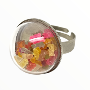 Χειροποίητο Δαχτυλίδι ζαχαρωτά gummy Bears Haribo σε γυάλινο θόλο,κοσμήματα απομίμησης γλυκών, χειροποίητα κοσμήματα μινιατούρες πολυμερικού πηλού Mimitopia-Σχέδιο 2 - πηλός, γλυκά, μεγάλα, αυξομειούμενα