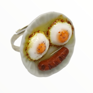 Χειροποίητο Δαχτυλίδι λουκάνικο με αυγά μάτια,κοσμήματα απομίμησης γλυκών, χειροποίητα κοσμήματα μινιατούρες πολυμερικού πηλού Mimitopia - πηλός, αυγό, boho, φαγητό, αυξομειούμενα - 2