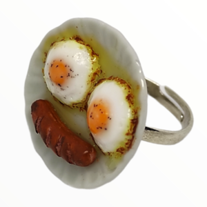 Χειροποίητο Δαχτυλίδι λουκάνικο με αυγά μάτια,κοσμήματα απομίμησης γλυκών, χειροποίητα κοσμήματα μινιατούρες πολυμερικού πηλού Mimitopia - πηλός, αυγό, boho, φαγητό, αυξομειούμενα - 4