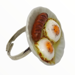 Χειροποίητο Δαχτυλίδι λουκάνικο με αυγά μάτια,κοσμήματα απομίμησης γλυκών, χειροποίητα κοσμήματα μινιατούρες πολυμερικού πηλού Mimitopia - πηλός, αυγό, boho, φαγητό, αυξομειούμενα - 5