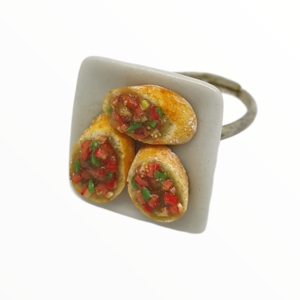 Χειροποίητο Δαχτυλίδι μπρουσκέτες σε πιάτο,κοσμήματα απομίμησης φρούτων, χειροποίητα κοσμήματα μινιατούρες πολυμερικού πηλού Mimitopia - πηλός, boho, φαγητό, αυξομειούμενα - 3