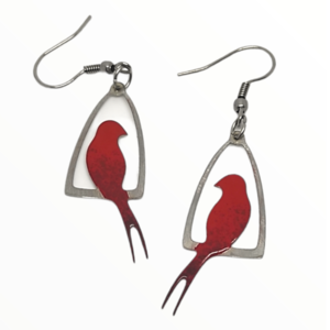 Σκουλαρίκια πουλάκια κόκκινα σε κούνια βαμμένα με Σμάλτο , χειροποίητα κοσμήματα σμάλτου mimitopia - σμάλτος, πουλάκια, ατσάλι, boho, κρεμαστά - 3