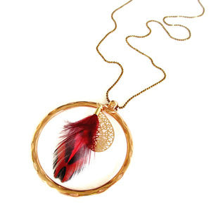 Κολιέ "Circle Feather" rose gold με κόκκινο φτερό πετεινού 90εκ. - επιχρυσωμένα, ορείχαλκος, φτερό, κύκλος, μακριά