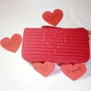 Χειροποίητο πλεκτό πορτοφόλι με διπλό φερμουάρ κόκκινο - νήμα, καρδιά, δώρα αγίου βαλεντίνου, πορτοφόλια - 2