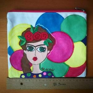 Ζωγραφισμένο pouch - clutch - nécessaire (νεσεσέρ) πολύχρωμο, κοπέλα με λουλούδια και κύκλους - ύφασμα, ζωγραφισμένα στο χέρι, φάκελοι, clutch, all day - 3