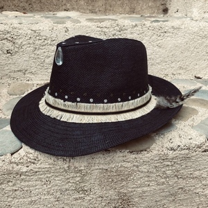 Ψάθινο καπέλο - Blacky boho look - απαραίτητα καλοκαιρινά αξεσουάρ, boho, αξεσουάρ παραλίας, ψάθινα - 3