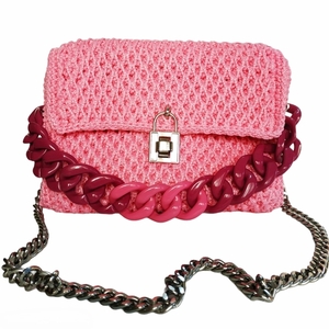 Χειροποίητη πλεκτή τσάντα σε ροζ με κοκκαλινη αλυσίδα - νήμα, ώμου, μεγάλες, πλεκτές τσάντες, βραδινές