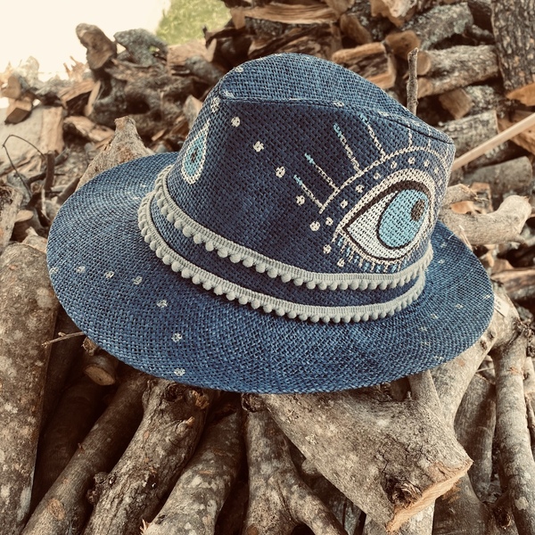 Ψάθινο καπέλο - Blue in eye - απαραίτητα καλοκαιρινά αξεσουάρ, boho, καπέλα, ψάθινα - 4