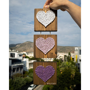 Ξύλινο διακοσμητικό τοίχου με καρφιά & κλωστές "Μωβ Καρδούλες" 42cm - καρδιά, κορίτσι, δώρο, ξύλινα διακοσμητικά τοίχου, παιδικοί πίνακες - 5