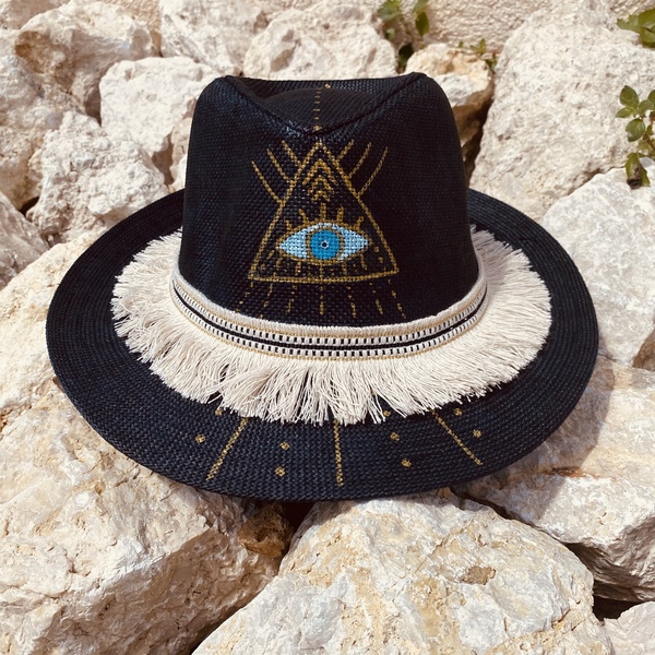 Ψάθινο καπέλο - Black evil eye - απαραίτητα καλοκαιρινά αξεσουάρ, boho, καπέλα, ψάθινα - 2
