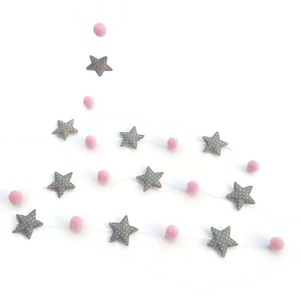 Διακοσμητική Γιρλάντα με Ροζ Πον Πον και Γκρι Πουά Υφασμάτινα Αστέρια 2,55μ - κορίτσι, αστέρι, γιρλάντες, pom pom, είδη για πάρτυ - 3