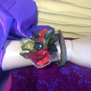 Χειροποίητο βραχιόλι σπιράλ με υφασμάτινη σύνθεση - ύφασμα, λουλούδι, boho, χεριού, αυξομειούμενα - 3